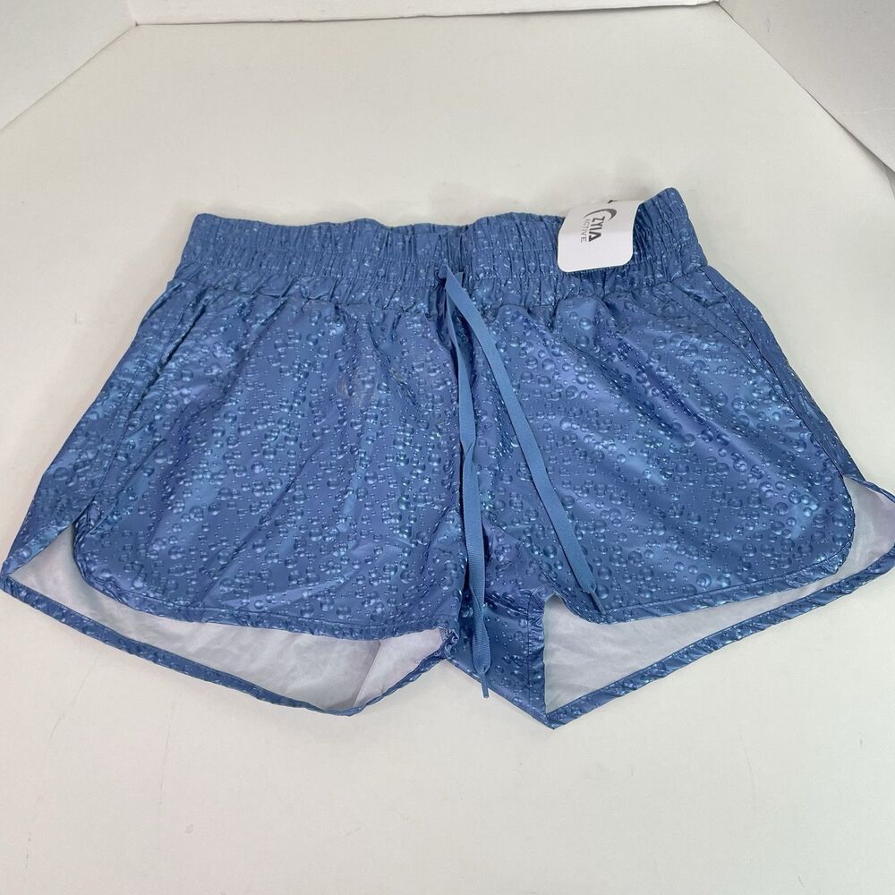 New Zyia Active Shorts, Large, Blue, Drawstring, 2” Inseam, Running, Water Drops - Picture 1 of 11